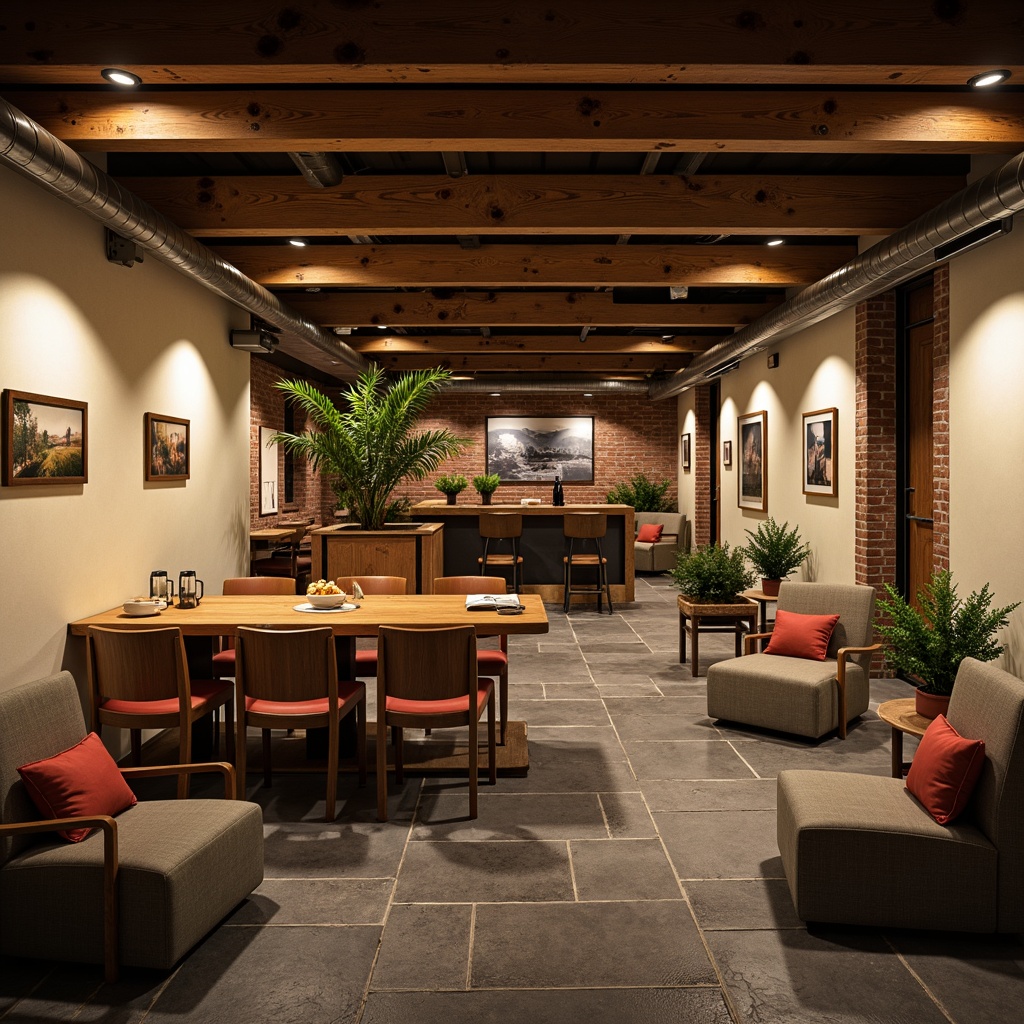 Prompt: Cozy basement, warm earthy tones, rich wood accents, soft cream walls, dark gray stone floors, industrial metal beams, exposed brick walls, comfortable seating areas, intimate ambiance, warm white lighting, subtle texture overlays, cinematic shallow focus, 1/2 composition, atmospheric misting effects.