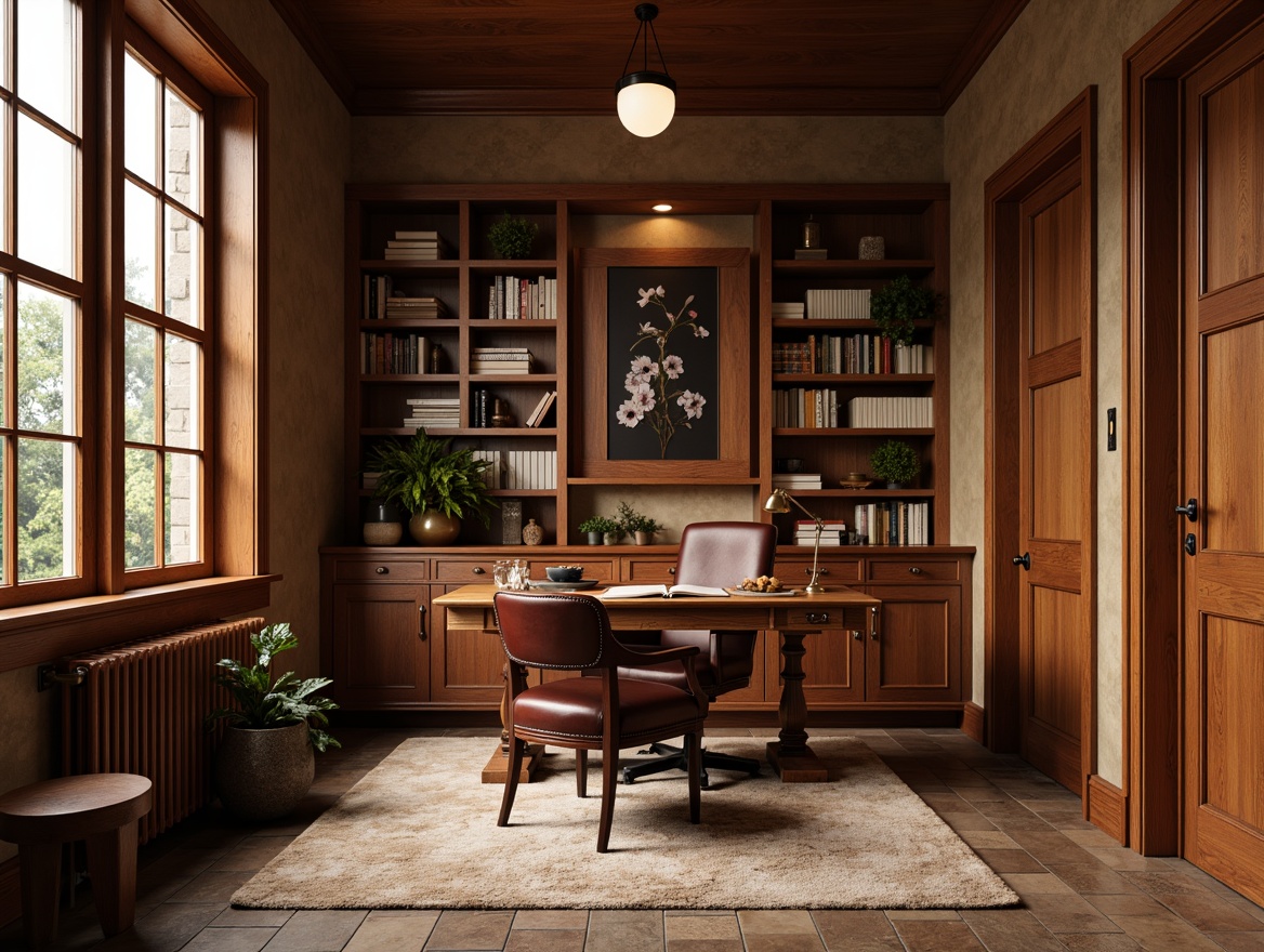 Prompt: Warm wood tones, rich walnut desk, leather office chair, vintage metal lamp, wooden bookshelves, natural stone flooring, earthy color palette, cozy reading nook, plush area rug, wooden wall paneling, craftsman style trim, rustic metal hardware, warm task lighting, shallow depth of field, 1/2 composition, realistic wood textures, ambient occlusion.