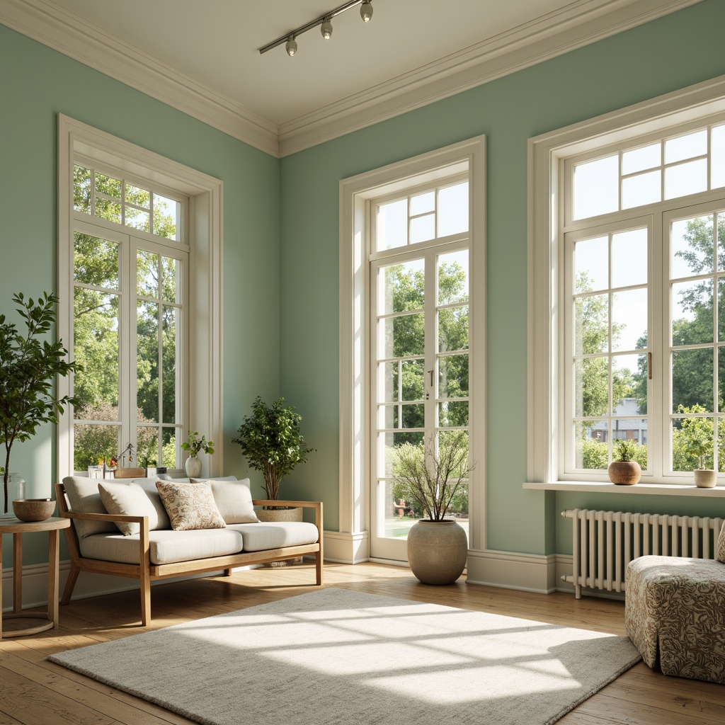 Prompt: Soft mint green walls, creamy white trim, warm beige floors, rustic wooden accents, natural linen fabrics, delicate floral patterns, calming atmosphere, abundant sunlight, gentle shadows, shallow depth of field, 1/1 composition, realistic textures, ambient occlusion, serene ambiance, peaceful surroundings, outdoor garden views, lush greenery, blooming flowers.