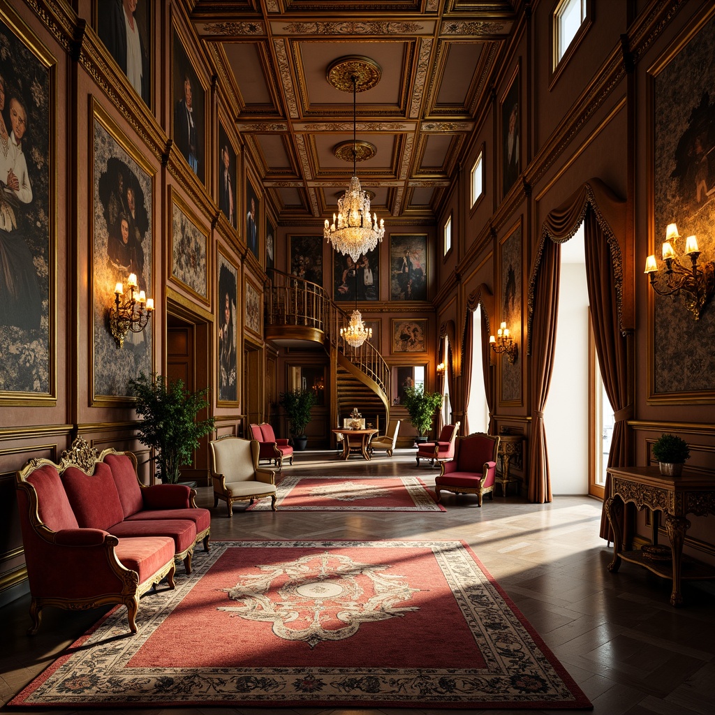 Prompt: Ornate Baroque-style mansion, lavish furnishings, intricately carved wooden chairs, velvet-upholstered sofas, gilded frames, ornamental mirrors, crystal chandeliers, rich tapestries, luxurious fabrics, regal colors, majestic architecture, sweeping staircases, grand ballrooms, opulent textures, warm golden lighting, shallow depth of field, 1/1 composition, dramatic shadows, realistic reflections.