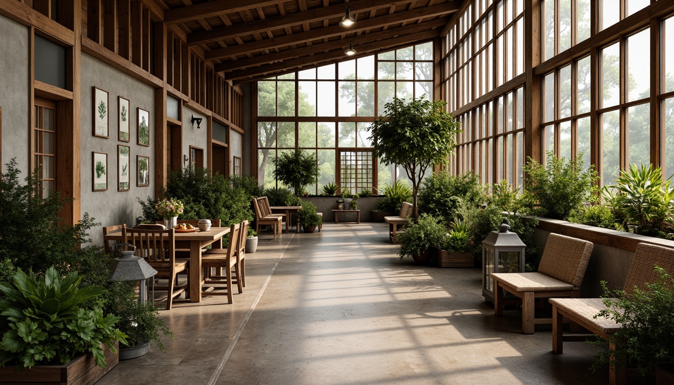 Prompt: Rustic greenhouse interior, reclaimed wood accents, natural stone flooring, earthy tone color palette, vintage metal lanterns, distressed wooden benches, woven rattan chairs, plush greenery, overflowing flower pots, botanical prints, wooden shutters, large windows, soft warm lighting, shallow depth of field, 3/4 composition, panoramic view, realistic textures, ambient occlusion.