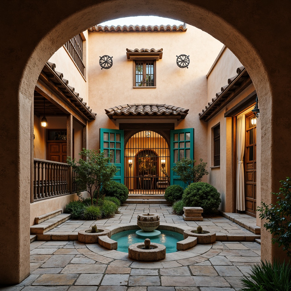 Prompt: Weathered adobe walls, rustic wooden doors, ornate ironwork, vibrant turquoise accents, glazed ceramic tiles, rustic stone floors, arched windows, wooden beams, hand-carved wooden decorations, soft warm lighting, dramatic shadows, 1/2 composition, natural textures, ambient occlusion, serene courtyard, lush greenery, peaceful fountain, spiritual ambiance.