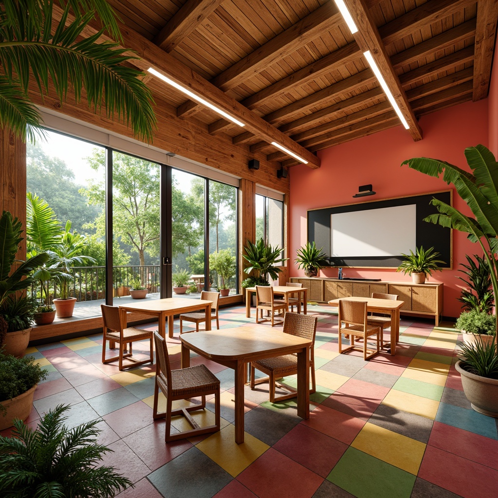 Prompt: Vibrant tropical classroom, natural wood accents, rattan chairs, woven bamboo tables, colorful ceramic tiles, bright coral walls, large windows, sliding glass doors, lush greenery, potted palms, warm LED lighting, shallow depth of field, 1/1 composition, panoramic view, realistic textures, ambient occlusion.