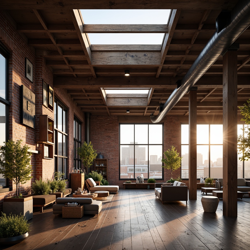 Prompt: Industrial chic loft, exposed brick walls, wooden beams, large windows, skylights, clerestory windows, sliding glass doors, minimal interior partitions, open floor plan, high ceilings, metal staircase, reclaimed wood flooring, urban views, cityscape backdrop, soft warm lighting, shallow depth of field, 1/1 composition, panoramic view, realistic textures, ambient occlusion.