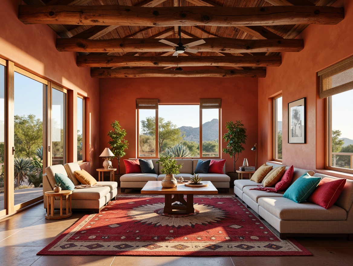 Prompt: Vibrant southwestern-style family room, warm terracotta walls, plush sectional sofa, colorful woven textiles, Native American-inspired patterns, geometric motifs, bold red and turquoise accents, natural fiber rugs, reclaimed wood coffee table, comfortable pillows, rustic wooden ceiling beams, large windows, soft warm lighting, cozy reading nook, desert landscape views, cactus plants, warm sunny day.