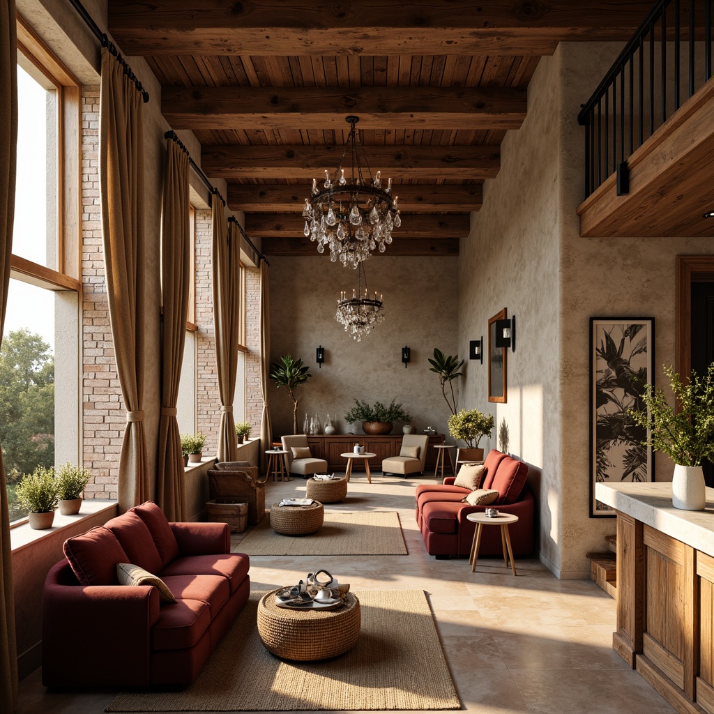 Prompt: Rustic wooden beams, distressed stone walls, earthy color palette, soft warm lighting, cozy reading nooks, plush velvet sofas, vintage wooden furniture, elegant crystal chandeliers, natural linen drapes, woven jute rugs, charming brick archways, ornate metal railings, reclaimed wood accents, creamy white marble countertops, airy open spaces, 3/4 composition, warm golden hour, shallow depth of field.