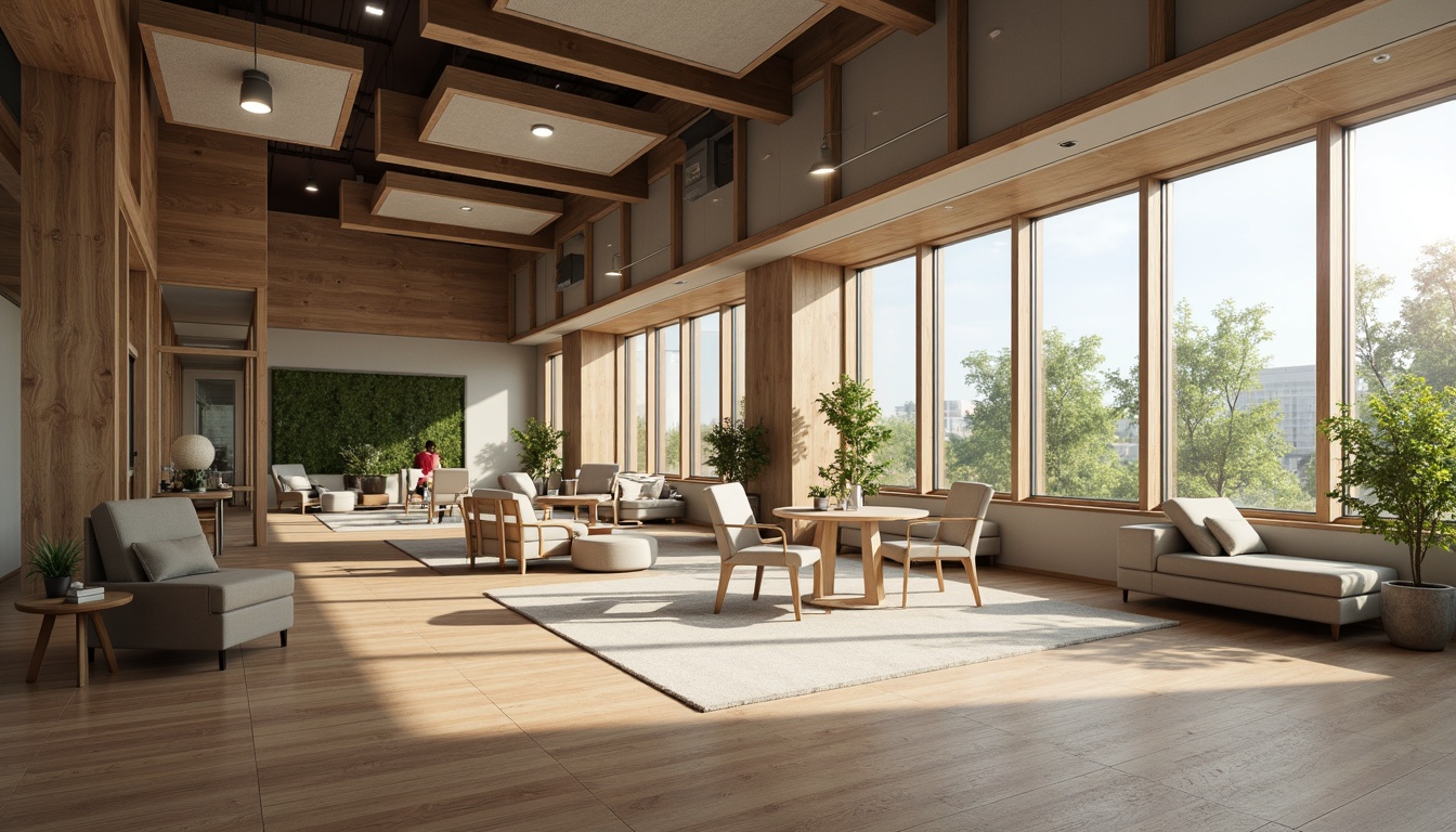 Prompt: Sound-absorbing panels, acoustic foam, wooden flooring, minimalist decor, modern office furniture, ergonomic chairs, collaborative workspaces, natural light pouring, large windows, glass partitions, greenery walls, calming color scheme, soft warm lighting, shallow depth of field, 3/4 composition, realistic textures, ambient occlusion.