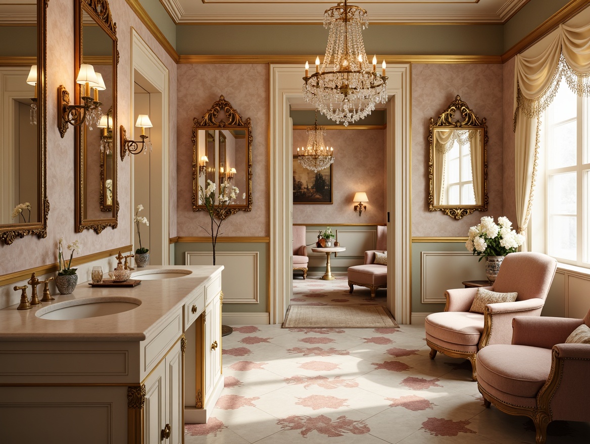 Prompt: Softly lit Rococo powder room, ornate gold accents, delicate floral patterns, creamy white marble countertops, velvety smooth silk upholstery, intricately carved wooden paneling, lavish crystal chandeliers, subtle rose-colored walls, ornamental mirrors, antique furnishings, dainty porcelain vases, lace-trimmed drapes, gilded picture frames, richly textured velvet fabrics, warm golden lighting, shallow depth of field, 1/2 composition, elegant ambiance, realistic reflections.