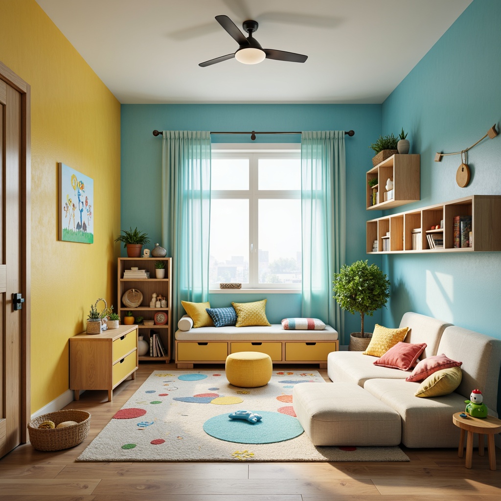 Prompt: Vibrant kids' room, soft pastel hues, calming blue walls, warm beige furniture, playful yellow accents, whimsical patterns, gentle texture, cozy reading nook, natural wood shelves, colorful toy storage, bright morning light, softbox lighting, shallow depth of field, 1/2 composition, intimate atmosphere, realistic textures.