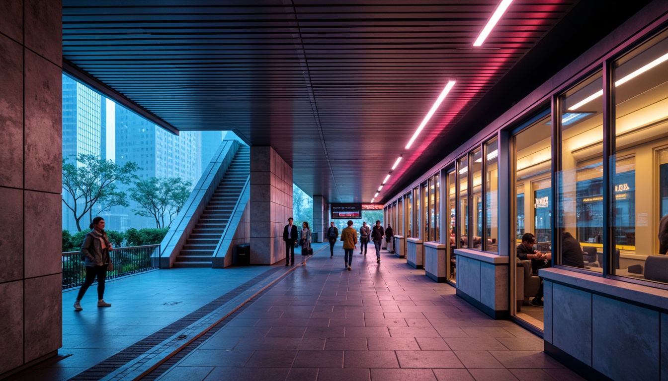 Prompt: Vibrant metro station, modern architectural design, sleek lines, stainless steel surfaces, futuristic ambiance, LED lighting installations, colorful neon signs, dynamic mood lighting, pedestrian-friendly walkways, urban cityscape, rush hour atmosphere, soft warm glow, shallow depth of field, 1/2 composition, realistic textures, ambient occlusion.