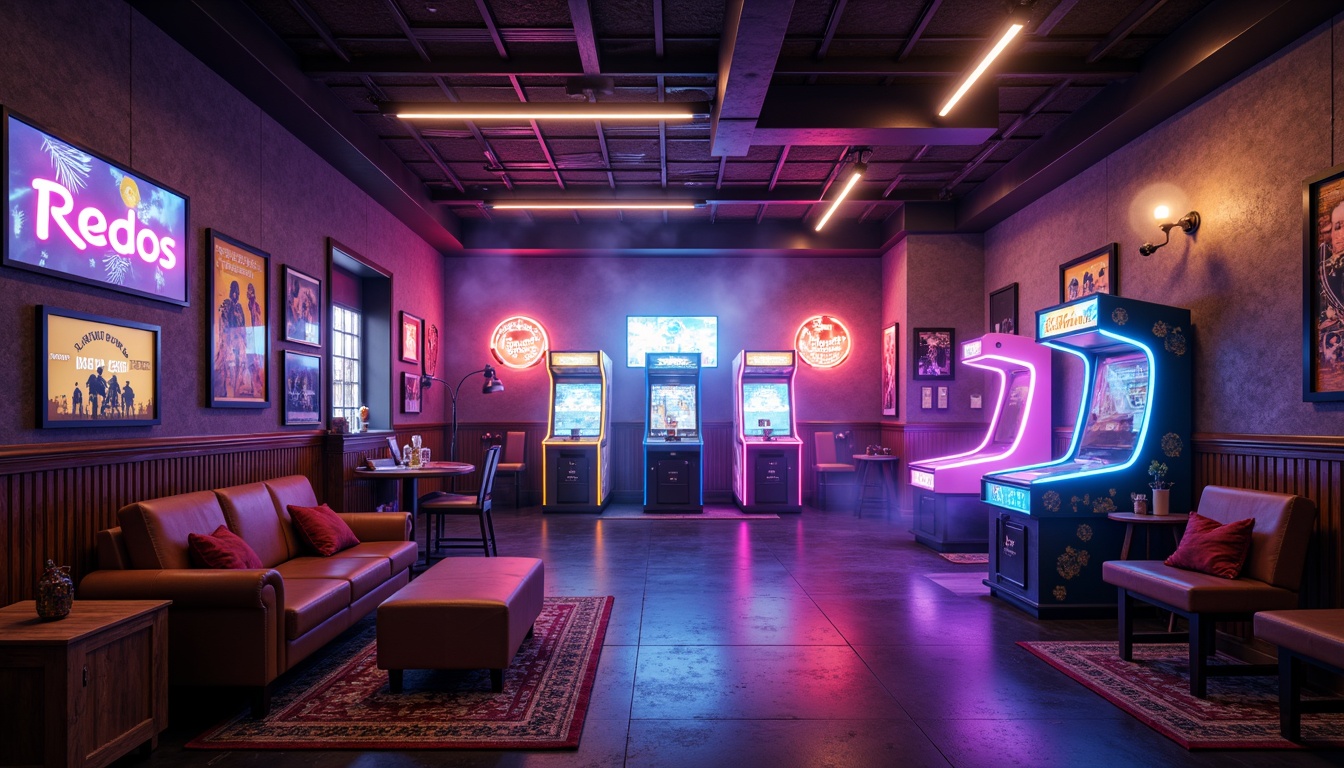 Prompt: Vibrant game room, neon-lit arcade machines, glowing LED lights, futuristic console designs, cozy seating areas, dark wood accents, rich leather upholstery, atmospheric misting systems, dynamic shadow effects, warm ambient lighting, cinematic color grading, 3/4 composition, shallow depth of field, realistic textures, soft focus blur, dramatic spotlighting.