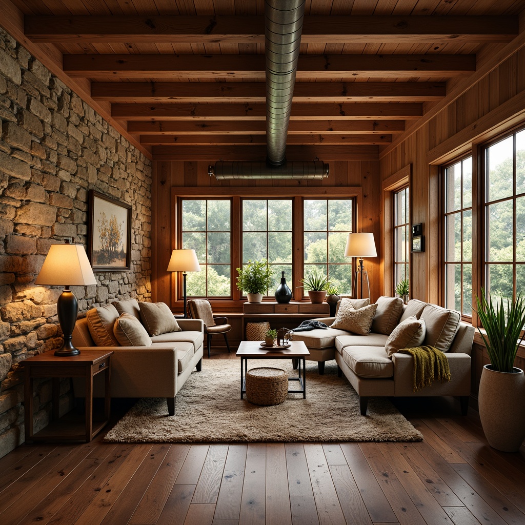 Prompt: Cozy craftsman interior, warm wood tones, rustic stone walls, vintage furniture, plush area rugs, earthy color palette, soft warm lighting, table lamps, floor lamps, pendant lights, natural textures, wooden ceiling beams, exposed ductwork, industrial-chic decor, warm neutral colors, relaxing ambiance, shallow depth of field, 1/2 composition, realistic shadows, ambient occlusion.