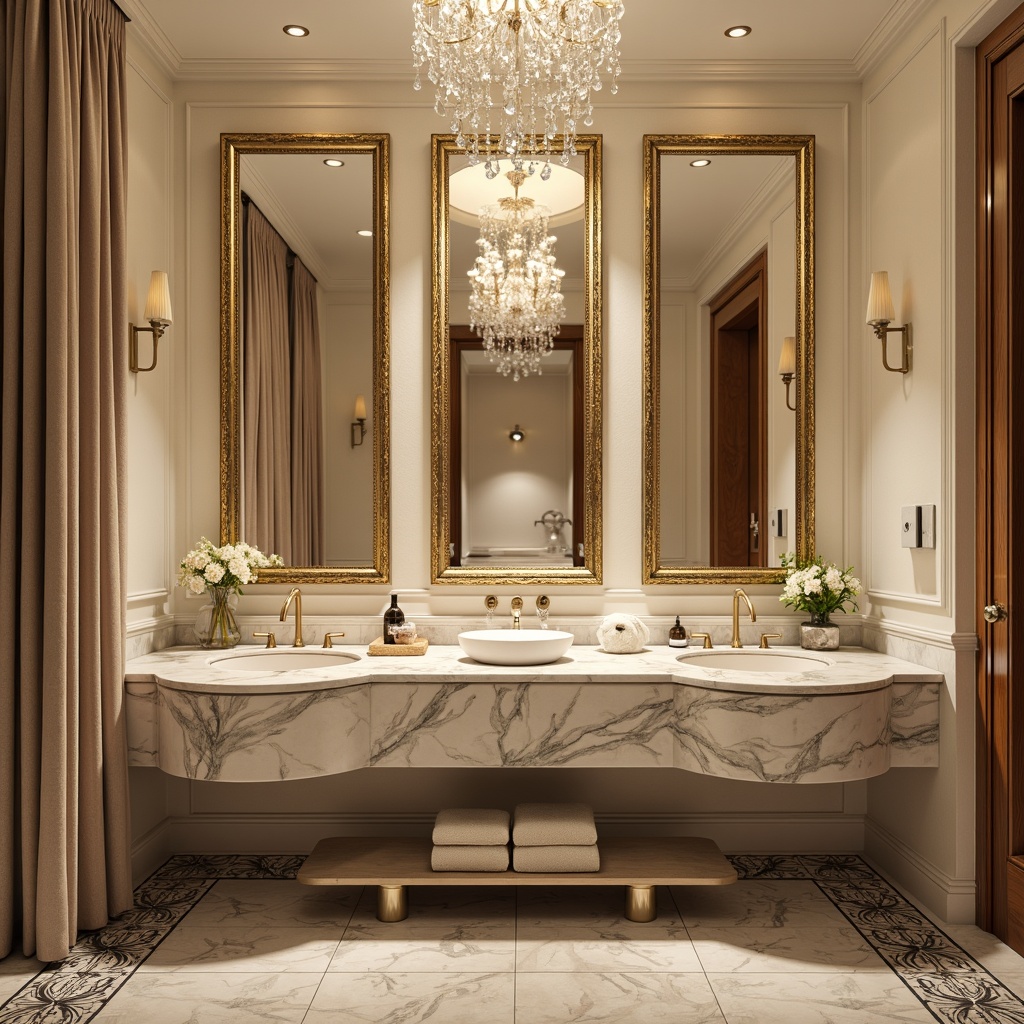 Prompt: Luxurious powder room, elegant wall mirrors, ornate gold frames, soft cream walls, subtle texture, sophisticated molding details, ambient warm lighting, delicate floral patterns, rich velvet drapes, polished marble countertops, sparkling crystal chandeliers, refined metallic accents, ornamental wallpaper borders, lavish floor-to-ceiling curtains, sumptuous fabric upholstery, indulgent aromatherapy scents, serene atmosphere.