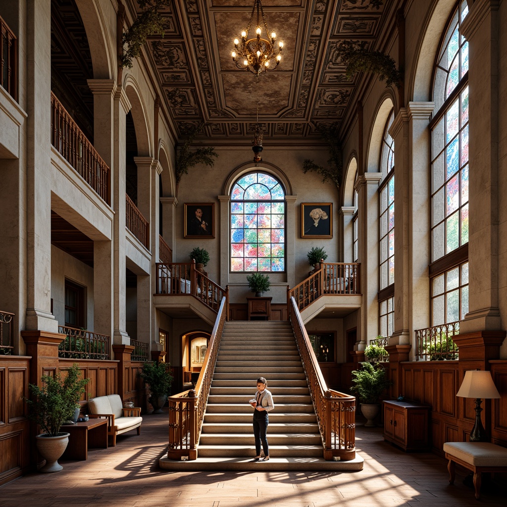 Prompt: Historic courthouse, eclectic architecture, ornate stone carvings, grand staircase, lavish chandeliers, rich wood paneling, decorative metalwork, intricate moldings, vibrant stained glass, monumental columns, high ceilings, opulent furnishings, natural light flooding, warm ambient glow, shallow depth of field, 1/1 composition, realistic textures, ambient occlusion.