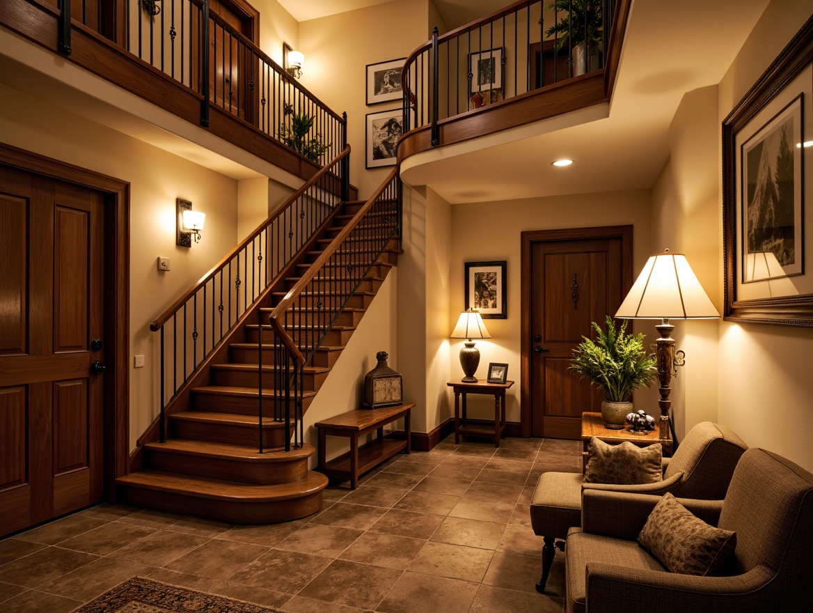 Prompt: Warm inviting staircase, craftsman style interior, wooden handrails, ornate metal balusters, rustic wooden steps, soft warm lighting, table lamps, floor lamps, pendant lights, warm beige walls, natural stone flooring, cozy seating areas, plush carpets, vintage decorative items, earthy color palette, warm golden lighting, shallow depth of field, 1/2 composition, realistic textures, ambient occlusion.