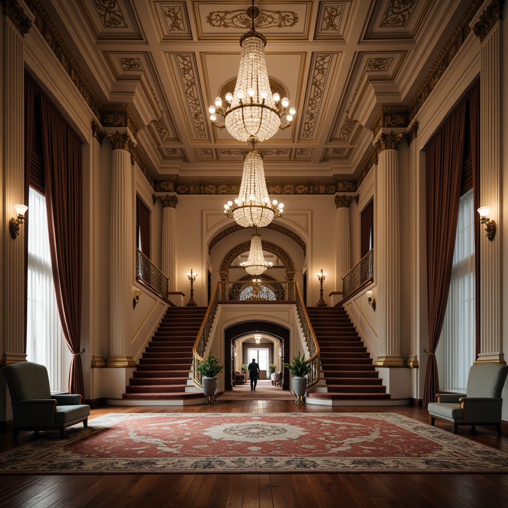 Prompt: Elegant student hall, neoclassical fa\u00e7ade, ornate columns, intricately carved stonework, grand entrance archway, sweeping staircases, polished wooden floors, crystal chandeliers, luxurious velvet drapes, richly patterned rugs, classicist moldings, subtle warm lighting, soft focus blur, 1/2 composition, symmetrical framing, ornamental furniture, antique-inspired accessories, refined neutral color palette, sophisticated ambient atmosphere.