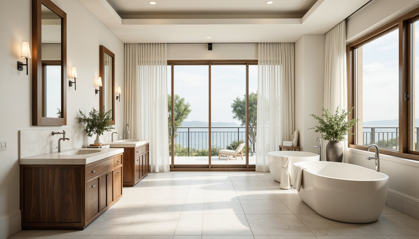 Prompt: Soft creamy whites, warm beige tones, rich walnut cabinetry, polished chrome fixtures, subtle marble patterns, gentle gray undertones, calming blue-green accents, spa-inspired ambiance, natural stone flooring, elegant freestanding tubs, floor-to-ceiling windows, abundance of soft diffused lighting, 1/1 composition, serene atmosphere, realistic textures, ambient occlusion.