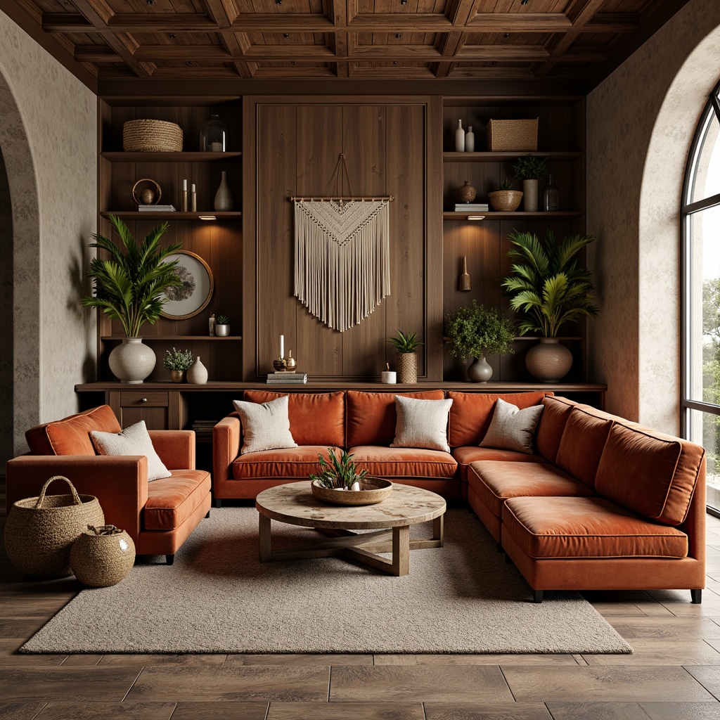 Prompt: Luxurious living room, richly textured surfaces, velvet sofas, wooden accent walls, natural stone floors, woven baskets, macrame wall hangings, distressed wood coffee tables, plush area rugs, bronze metallic accents, soft warm lighting, shallow depth of field, 1/1 composition, realistic textures, ambient occlusion.