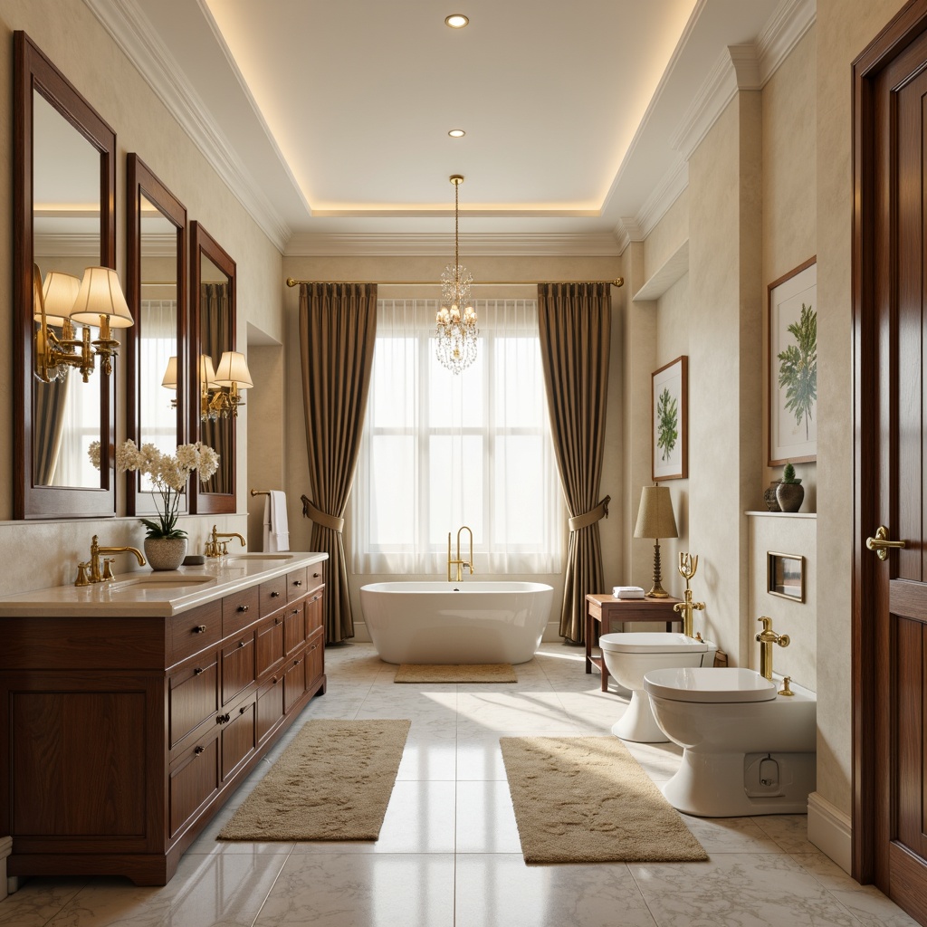 Prompt: Elegant transitional bathroom, warm beige tones, soft creamy whites, rich wood cabinetry, ornate gold fixtures, crystal chandeliers, freestanding tubs, marble countertops, polished chrome faucets, ambient LED lighting, subtle texture variations, calming natural materials, botanical prints, minimalist wall decor, rectangular mirrors, spa-like atmosphere, serene ambiance, warm neutral color palette, refined classic details, luxurious velvet drapes, ornamental rugs.