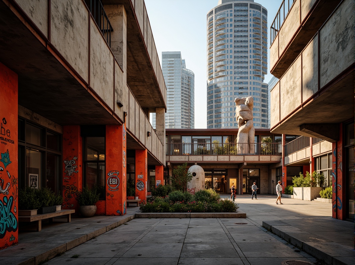 Prompt: Rugged brutalist architecture, bold orange-red accents, raw concrete textures, industrial metal beams, dramatic lighting, urban cityscape, modern skyscrapers, abstract geometric patterns, distressed finishes, brutalist sculptures, vibrant graffiti, rebellious atmosphere, high-contrast colors, cinematic composition, low-angle shot, gritty realism, heavy shadows, intense warm lighting.