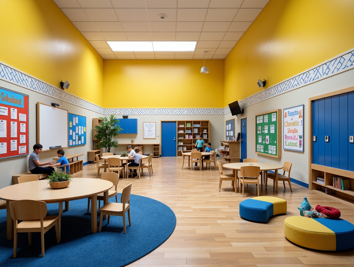 Prompt: Vibrant elementary school interior, bright yellow walls, blue accents, playful polka dots, educational charts, colorful lockers, wooden floors, natural light, cheerful atmosphere, collaborative learning spaces, circular tables, comfortable seating, interactive whiteboards, inspirational quotes, soft carpeting, cozy reading nooks, 1/2 composition, warm softbox lighting, realistic textures, ambient occlusion.