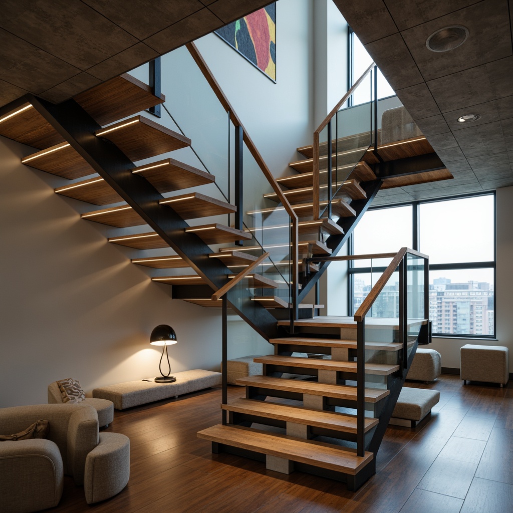 Prompt: Modern staircase, sleek handrails, minimalist design, stainless steel tubing, glass balustrades, wooden accents, LED lighting, floating steps, cantilevered treads, open risers, industrial chic, urban loft aesthetic, polished chrome fixtures, geometric patterns, 3D metal printing, parametric design, futuristic ambiance, dramatic shadows, low-angle photography, shallow depth of field, 2/3 composition, realistic materials, ambient occlusion.