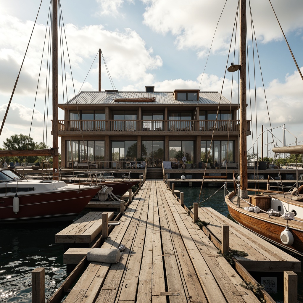 Prompt: Weathered wooden docks, rustic boathouse, nautical ropes, sailboats, sea-inspired accents, recycled glass windows, reclaimed wood planks, eco-friendly roofing, solar panels, wind turbines, ocean-breeze ventilation, natural textiles, driftwood decor, marine-life inspired patterns, soft warm lighting, shallow depth of field, 3/4 composition, panoramic view, realistic textures, ambient occlusion.