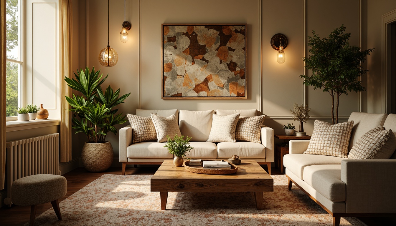 Prompt: Cozy living room, warm beige walls, plush area rug, comfortable sofa, rustic wooden coffee table, vibrant greenery, statement light fixtures, ornate mirrors, abstract artwork, textured throw pillows, soft golden lighting, shallow depth of field, 1/1 composition, realistic textures, ambient occlusion.