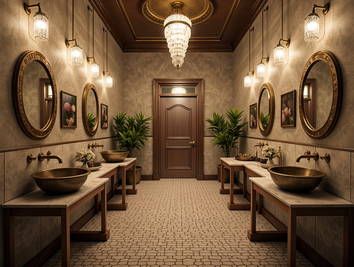 Prompt: Luxurious Art Deco bathroom, ornate metal fixtures, geometric patterned tiles, vintage-inspired sink basins, crystal chandeliers, marble countertops, metallic gold accents, circular mirrors, hexagonal floor mosaics, soft warm lighting, 1/1 composition, shallow depth of field, realistic textures, ambient occlusion.