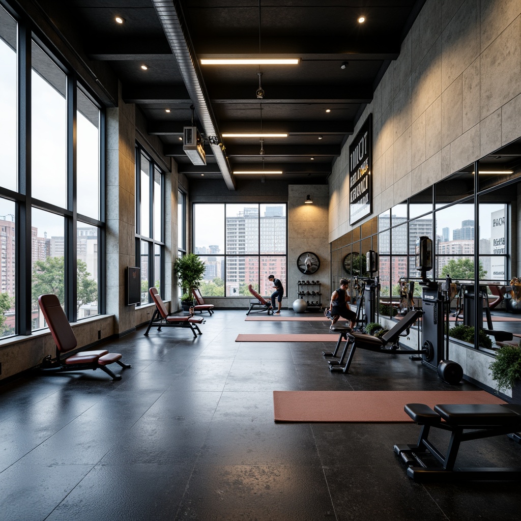 Prompt: Modern gym interior, sleek metal equipment, rubber flooring, mirrored walls, high ceilings, natural light, urban loft atmosphere, functional layout, spacious workout areas, free weights section, cardio machines zone, strength training stations, yoga mats, fitness accessories, motivational quotes, industrial-style lighting, 3/4 composition, shallow depth of field, realistic textures.