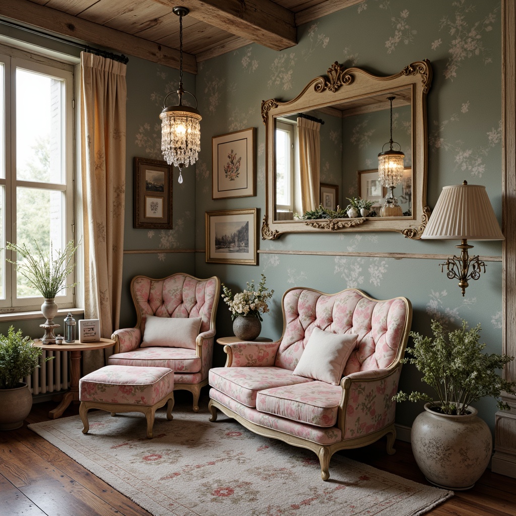 Prompt: Distressed vintage furniture, soft pastel colors, floral patterns, lace details, rustic wood textures, worn metal accents, plush velvet fabrics, antique ornaments, ornate mirrors, feminine decor, cozy reading nooks, warm candlelight, natural stone floors, vintage rugs, shabby-chic accessories, distressed finishes, elegant curves, classic silhouettes, soft romantic lighting, 1/1 composition, intimate atmosphere, realistic wear and tear.