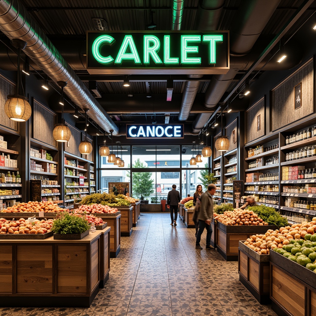 Prompt: Vibrant grocery store interior, modern signage designs, bold typography, colorful LED lights, eye-catching displays, rustic wood accents, industrial metal fixtures, fresh produce stands, artisanal food sections, decorative glass shelves, geometric patterned floors, natural stone walls, warm ambient lighting, 1/1 composition, shallow depth of field, realistic textures, subtle shadows.