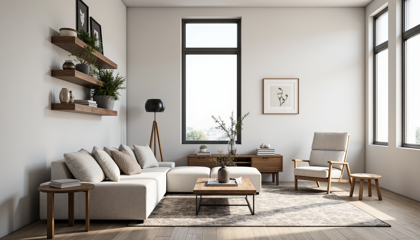 Prompt: Minimalist living room, sleek low-profile sofa, simple wooden coffee table, geometric-patterned area rug, modern floor lamp, functional shelving units, industrial metal chairs, neutral color palette, plenty of natural light, airy atmosphere, soft diffused lighting, shallow depth of field, 1/2 composition, realistic textures, ambient occlusion.