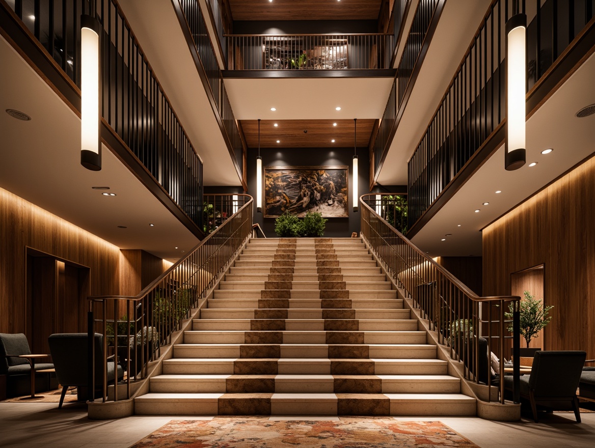 Prompt: Grand staircase, elegant banisters, polished metal handrails, suspended modern lighting fixtures, sleek chrome finishes, soft warm glow, ambient illumination, subtle shadowing, 3/4 composition, realistic textures, luxurious fabrics, rich wood tones, sophisticated architectural details, dramatic high ceilings, spacious open floor plans.