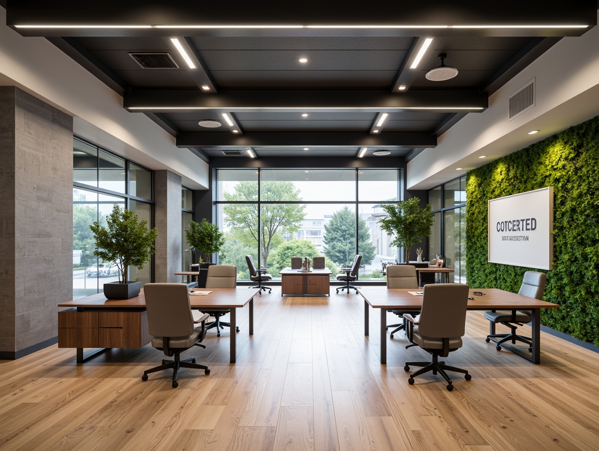 Prompt: Modern office building, open-plan layout, minimalist decor, natural light, wooden floors, sleek metal desks, ergonomic chairs, collaborative workspaces, private meeting rooms, acoustic panels, green walls, modular furniture, adjustable lighting, 3/4 composition, shallow depth of field, panoramic view, realistic textures, ambient occlusion.