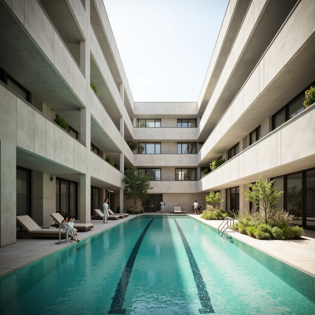 Prompt: Clean lines, rectangular forms, functional simplicity, concrete structures, turquoise water, lap pools, diving boards, sleek ladders, metal railings, minimalist lighting, subtle shadows, natural textures, geometric patterns, monochromatic color scheme, bold typography, abstract compositions, shallow depth of field, 1/1 composition, soft focus, warm atmospheric lighting.