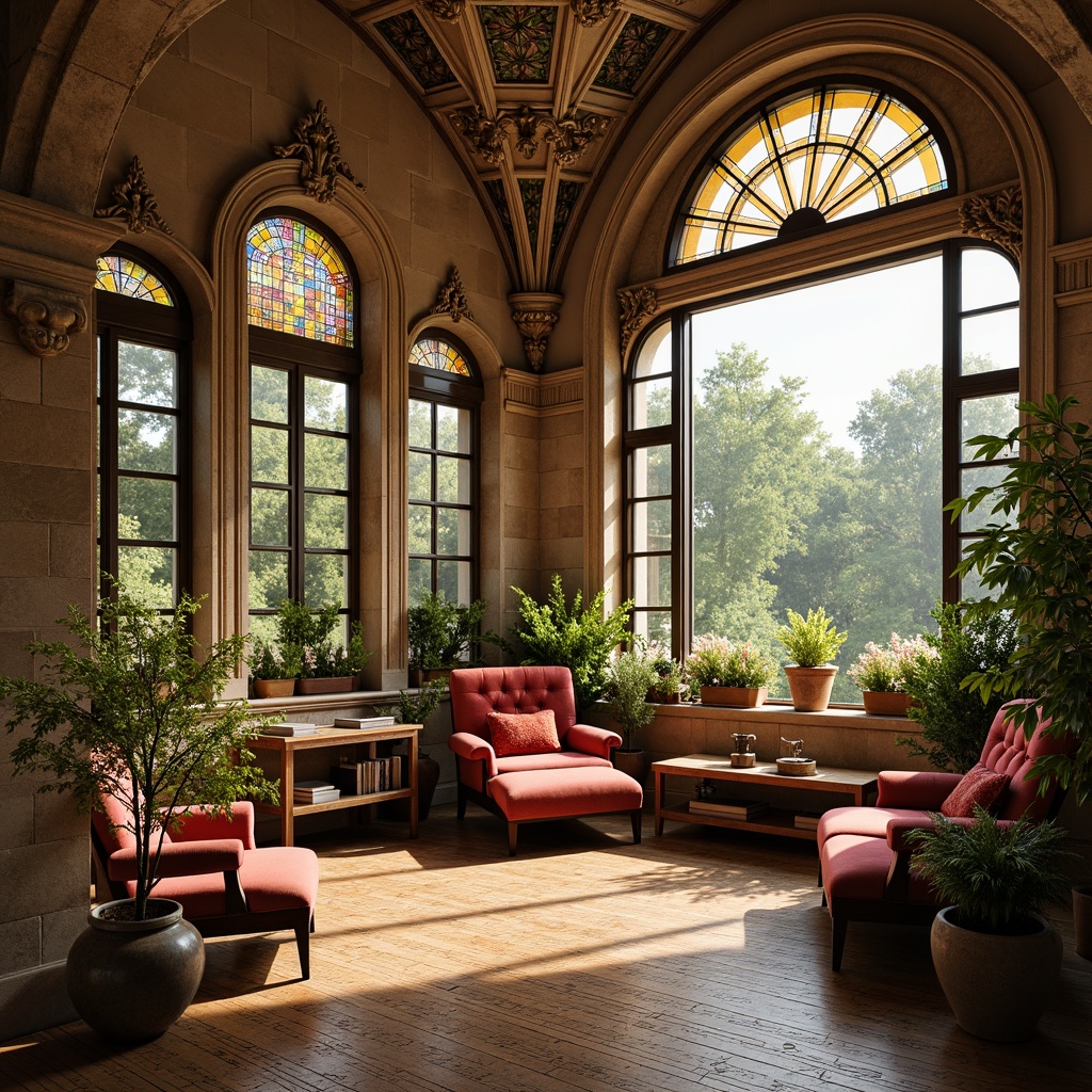 Prompt: Renaissance-style sunroom, ornate stone carvings, grand arched windows, stained glass ceilings, lavish furnishings, warm earthy tones, natural light pouring in, soft diffused illumination, comfortable reading nooks, plush velvet armchairs, elegant wooden floors, subtle texture contrasts, rustic stone walls, blooming flower arrangements, lush greenery views, sunny afternoon ambiance, warm golden lighting, shallow depth of field, 1/1 composition, realistic reflections.