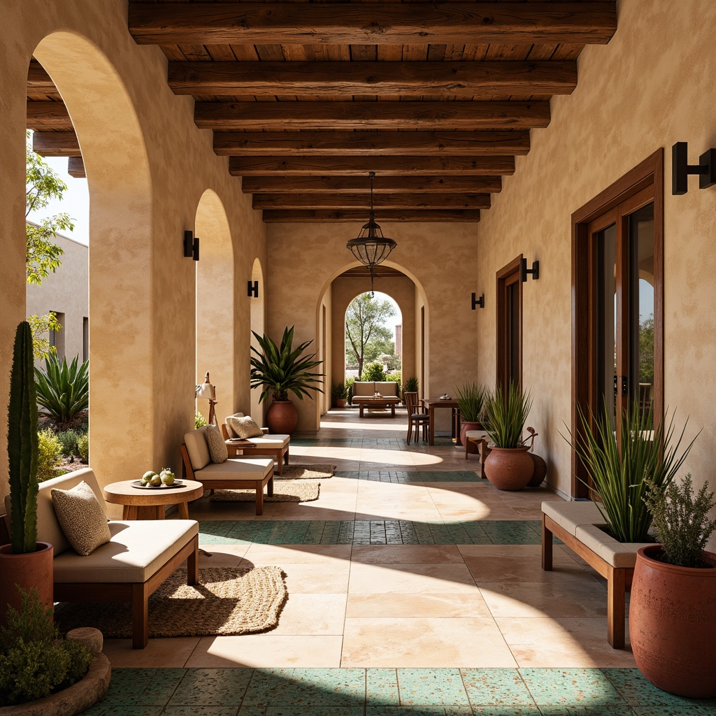 Prompt: Southwestern-style community spaces, warm beige stucco walls, rustic wooden accents, Saltillo tile flooring, vibrant turquoise decorative tiles, natural fiber area rugs, earthy red clay pots, lush greenery, cacti plants, warm sunny day, soft warm lighting, shallow depth of field, 3/4 composition, panoramic view, realistic textures, ambient occlusion.