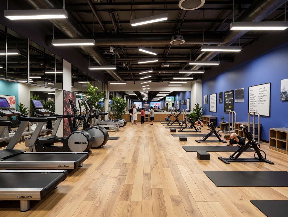 Prompt: Modern fitness club interior, sleek metal equipment, mirrored walls, wooden flooring, free weights, treadmills, exercise bikes, elliptical machines, rowing machines, yoga mats, Pilates reformers, strength training areas, cardio zones, stretching spaces, locker rooms, showers, towel stations, water coolers, fitness tracking screens, motivational quotes, energetic color schemes, high ceilings, industrial lighting, open layouts, minimal obstacles, functional pathways, comfortable seating areas, relaxation lounges, healthy snack bars.