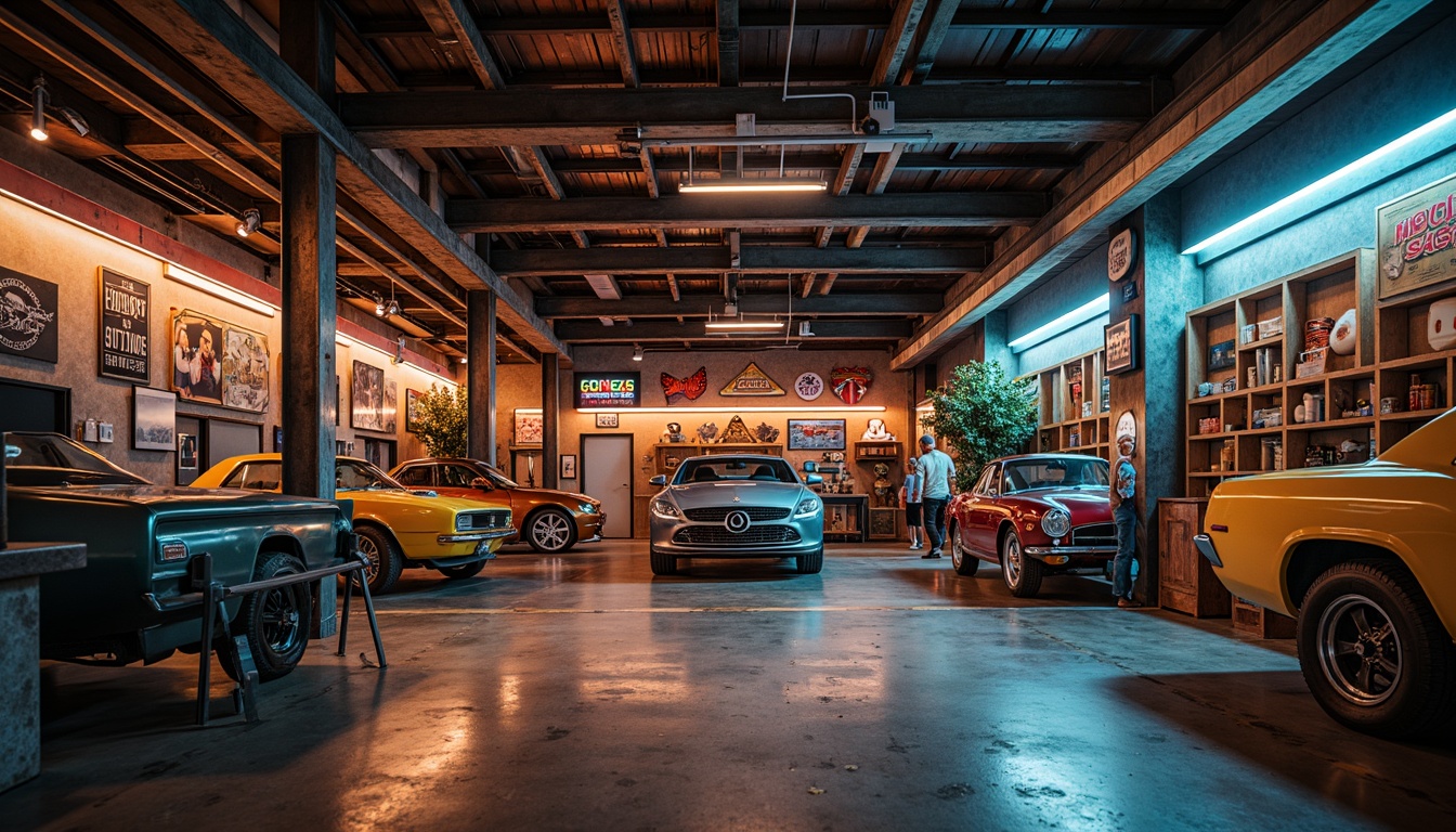 Prompt: Industrial-style garage, metallic colors, rusty tones, distressed textures, concrete floors, steel beams, modern lighting fixtures, neon signs, vintage car decorations, nostalgic memorabilia, warm ambient glow, softbox lighting, shallow depth of field, 1/1 composition, realistic reflections, high-contrast colors.