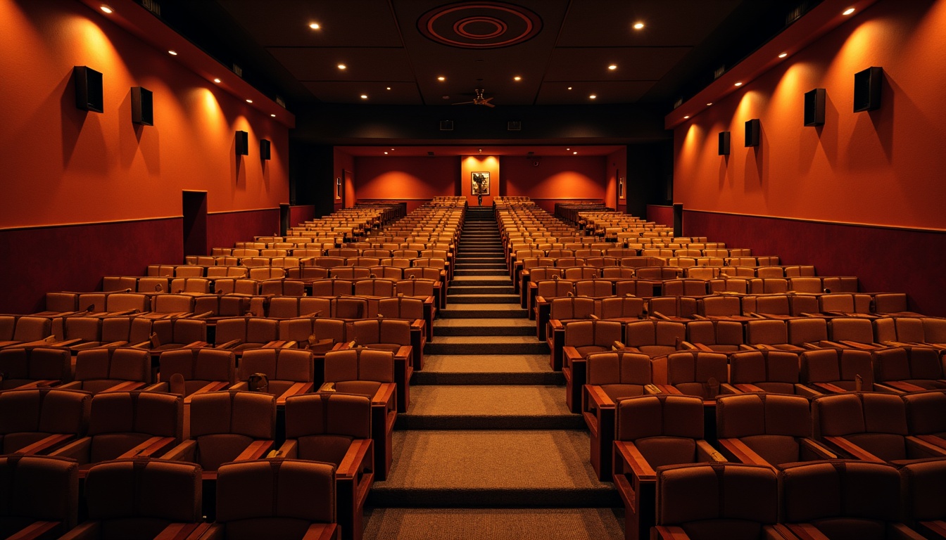 Prompt: Cozy auditorium, tiered seating, plush cushions, wooden armrests, soft velvety fabric, warm ambient lighting, subtle scenting, gentle air circulation, state-of-the-art sound systems, high-definition projection screens, minimal distractions, ergonomic chair design, ample legroom, comfortable aisle space, vibrant colorful accents, modern minimalist decor, calm atmosphere, soft background music, 1/2 composition, shallow depth of field, realistic textures.