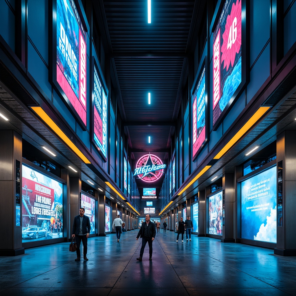 Prompt: Futuristic train station, neon-lit signage, holographic displays, sleek metallic columns, angular architecture, LED light strips, cyberpunk-inspired billboards, dynamic digital screens, retro-futuristic typography, bold color schemes, geometric patterns, high-tech materials, abstract shapes, atmospheric misting systems, cinematic lighting, shallow depth of field, 3/4 composition, panoramic view, realistic textures, ambient occlusion.