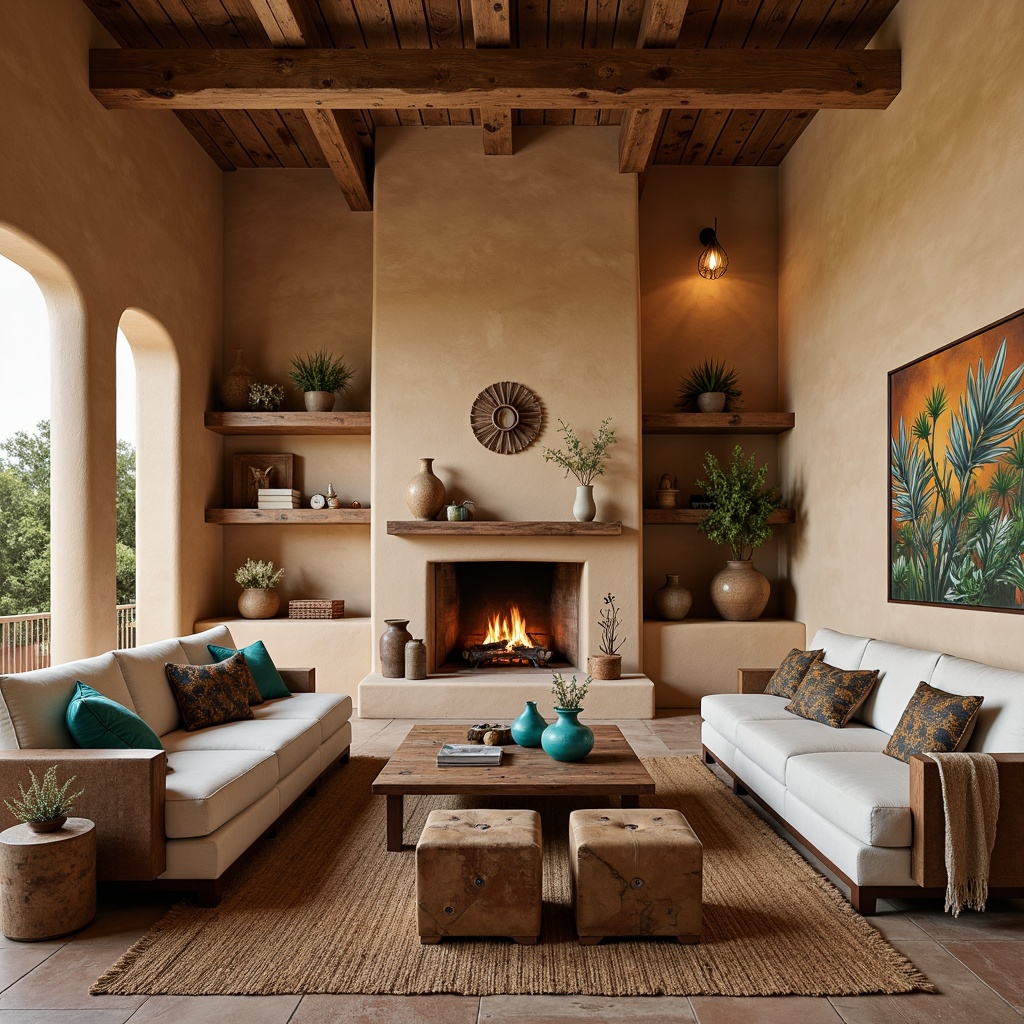 Prompt: Warm adobe-style fireplace, plush sectional sofas, woven jute rugs, rustic wooden coffee tables, vibrant turquoise accents, comfortable oversized armchairs, natural fiber upholstery, distressed leather ottomans, earthy terracotta vases, desert-inspired botanical prints, soft warm lighting, cozy throw blankets, woven baskets, hand-carved wooden decorative panels, Southwestern patterned textiles, inviting lounge areas, relaxed atmosphere, warm beige walls, natural stone flooring.