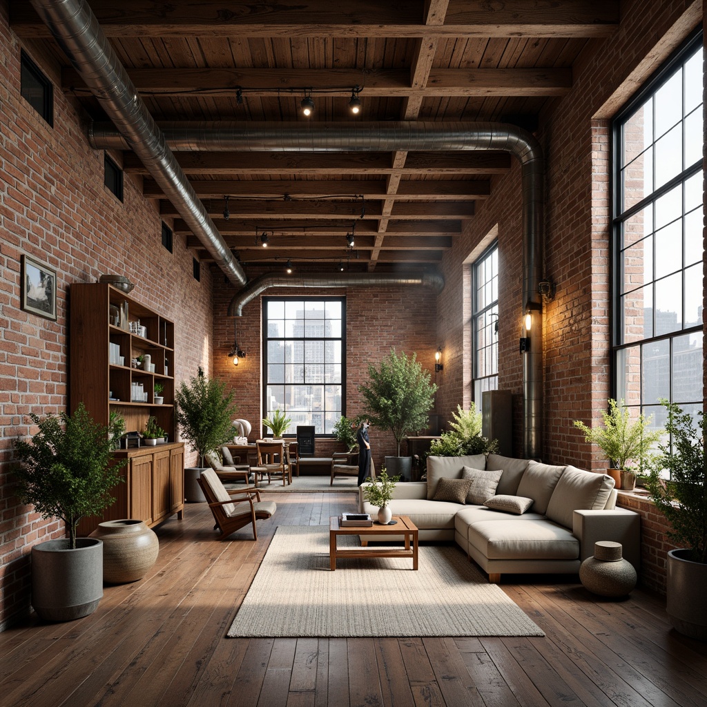 Prompt: Rustic industrial loft, exposed brick walls, distressed wood beams, metal accents, urban cityscape, converted warehouse, reclaimed wood floors, Edison bulb lighting, minimalist decor, natural textiles, earthy color palette, warm cozy atmosphere, shallow depth of field, 1/1 composition, realistic textures, ambient occlusion.