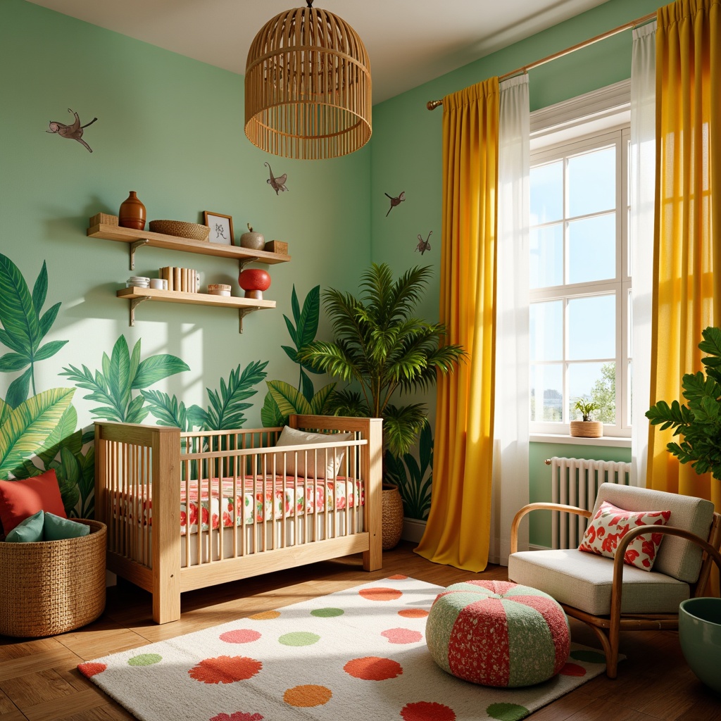 Prompt: Vibrant tropical baby room, pastel green walls, natural wood furniture, woven rattan crib, colorful floral patterns, soft cotton fabrics, bright coral accents, palm tree-inspired decals, playful monkey motifs, sunny yellow drapes, billowy white curtains, lush jungle-themed wallpaper, bamboo flooring, exotic bird prints, gentle ocean breeze, warm lighting, shallow depth of field, 1/1 composition, intimate atmosphere.