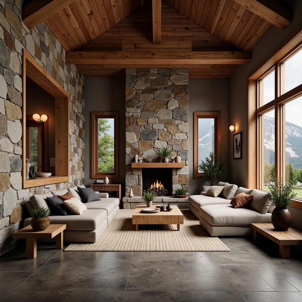 Prompt: Rustic mountain lodge, wooden accents, natural stone walls, earthy tones, textured concrete floors, reclaimed wood beams, cozy fireplace, plush furnishings, warm ambient lighting, shallow depth of field, 1/2 composition, realistic normal maps, detailed bump maps.