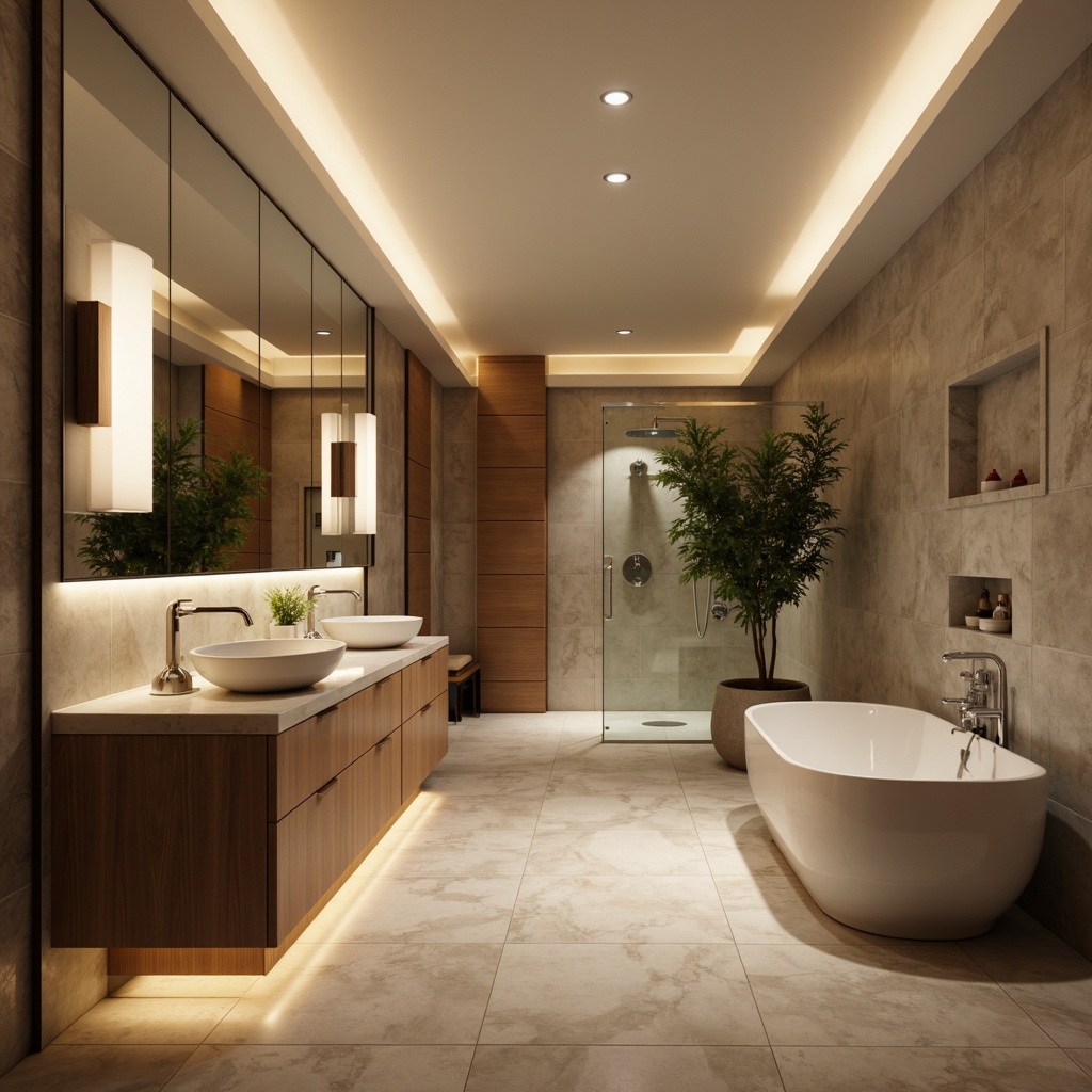 Prompt: Modern bathroom, sleek vanity, polished chrome fixtures, soft warm lighting, LED strip lights, recessed ceiling lights, frosted glass shades, wall-mounted sconces, rainfall showerhead, freestanding tub, marble countertops, large mirrors, minimalist decor, spa-like ambiance, gentle water flow sound, relaxing atmosphere, 1/1 composition, natural textures, subtle color palette.