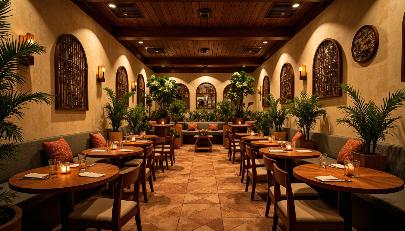 Prompt: Warm restaurant atmosphere, rich wood accents, earthy terracotta flooring, comfortable seating areas, soft candlelight, warm beige walls, natural stone textures, lush greenery, vibrant flower arrangements, elegant metal decorations, subtle patterns, cozy nooks, inviting banquettes, warm golden lighting, shallow depth of field, 3/4 composition, realistic textures, ambient occlusion.