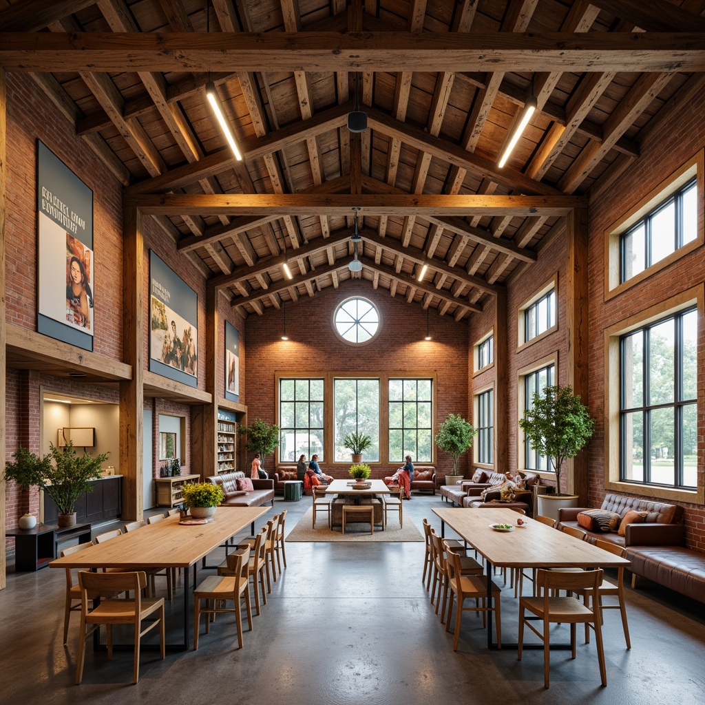 Prompt: Rustic youth center, farmhouse style, open layout, wooden beams, exposed brick walls, natural stone floors, vintage decor, cozy nooks, comfortable seating areas, modern amenities, industrial lighting fixtures, reclaimed wood accents, earthy color palette, abundant natural light, airy atmosphere, relaxed vibe, casual gathering spaces, community tables, soft warm lighting, shallow depth of field, 1/1 composition, realistic textures, ambient occlusion.