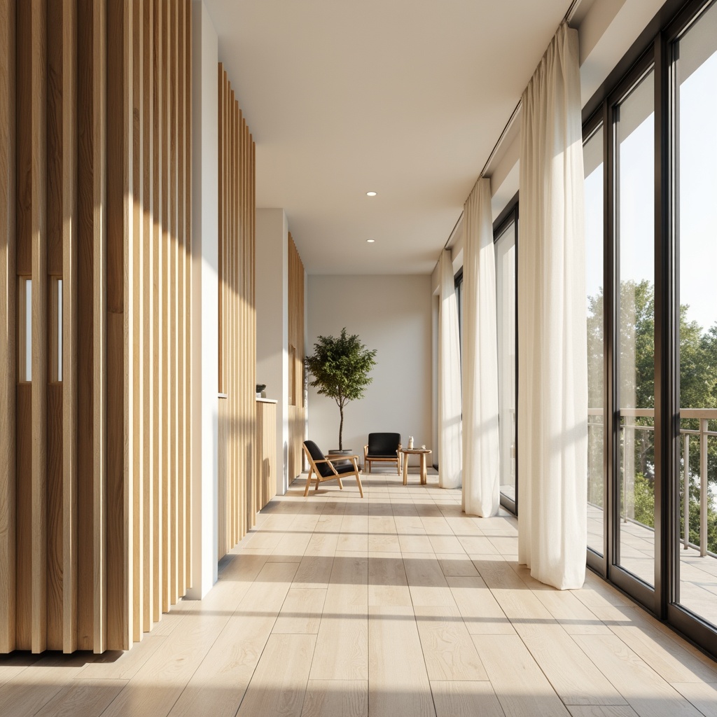 Prompt: Minimalist hallway, light wood flooring, creamy white walls, natural textures, wooden paneling, vertical slats, geometric patterns, soft warm lighting, floor-to-ceiling windows, sheer curtains, modern Nordic furniture, simple decor, monochromatic color scheme, subtle shadows, 1/1 composition, realistic render, ambient occlusion.